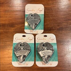 NWT Guardian Angel Visor Clip Set of 3 Silver Pewter Metal Religious Fits Most